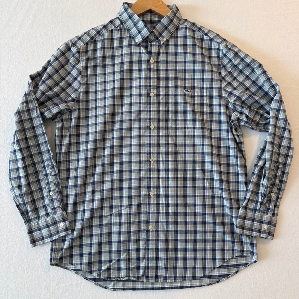 Vineyard Vines Performance Classic Fit Tucker Shirt Blue Grey Plaid Large